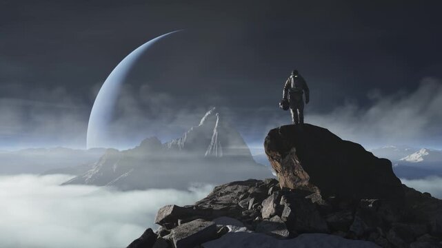 Astronaut on Mountain Peak Surveys a Grand Alien Planet in a 3D Rendered Exoplanet Landscape