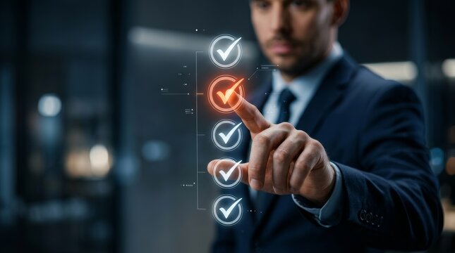 A businessman uses a digital interface to select an approval checkmark for quality assurance.