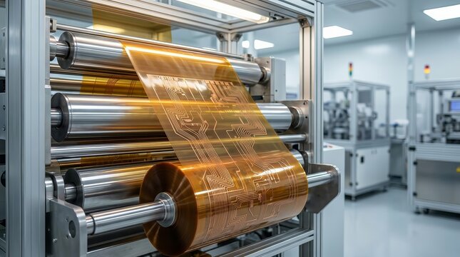 Sheetfed flexible circuit lamination process showing polymer sheets coated with copper traces.