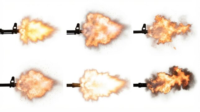 Set of muzzle flashes from firearms