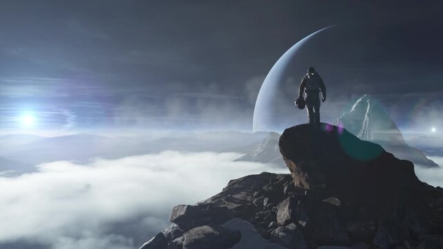 Astronaut on Mountain Peak Above Clouds Gazing at Alien Planet in Deep Space: A 3D Rendered Exploration