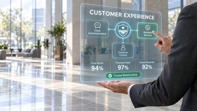Business professional using digital interface to analyze and improve customer experience metrics