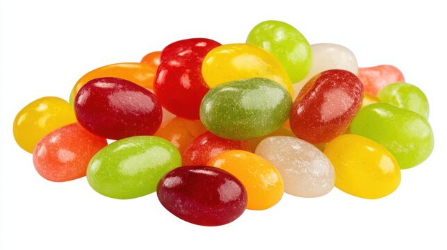 Colorful jelly candies with shiny surfaces and fruit flavors are heaped together over a bright white background.