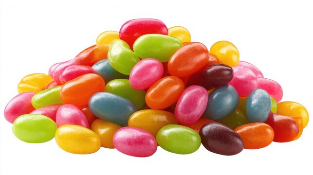 A vibrant pile of colorful jelly beans is presented against a clean white background, showcasing a sweet assortment of fruit flavors.