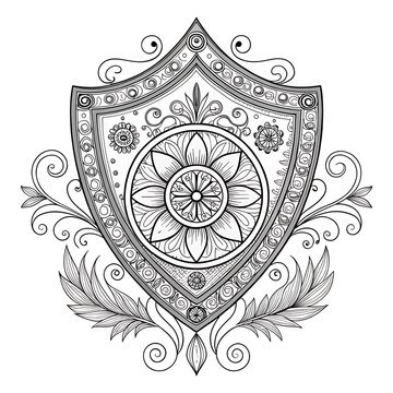 Intricate vintage heraldic shield with floral and geometric design