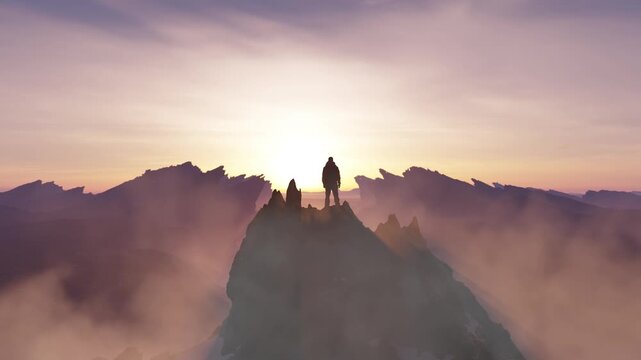 Epic 3D Rendering of a Solitary Figure on a Mountain Peak at Glorious Sunrise