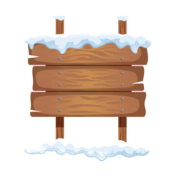 Set of wooden signs covered with snow, rustic planks with nails for winter messages, vector illustration isolated on transparent background