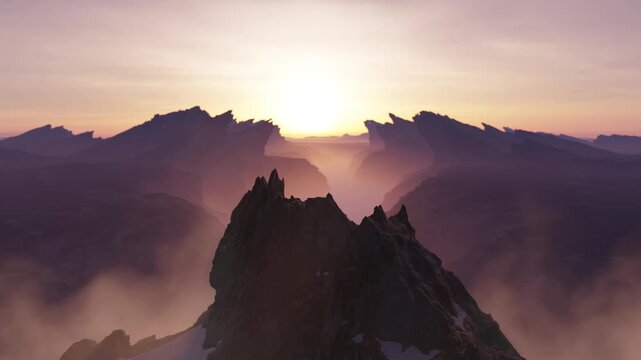 Majestic 3D Rendered Mountains with Golden Sunrise Above Misty Valley Peaks