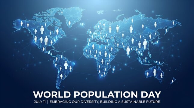 World population day concept with human figures on a world map background