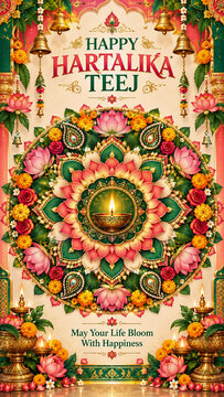 Happy Hartalika Teej | Traditional Indian Festival Greeting Design | Teej Celebration Poster