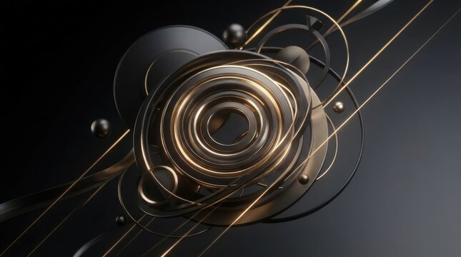 Abstract 3D rendering with dark and gold concentric rings and geometric shapes
