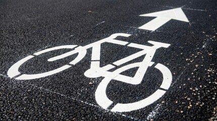 Obraz premium Bicycle lane symbol painted in white on dark asphalt road pavement
