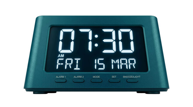 Modern digital alarm clock displaying 07:30 AM on Friday March 15