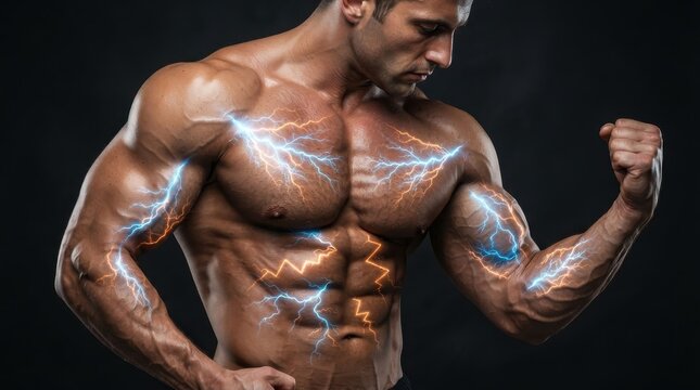 Muscular man flexing with glowing lightning energy on his body