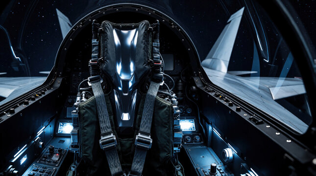 Inside fighter jet cockpit looking forward. Ejection ready for use. Military aircraft controls and instrument panel visible. Night flight with stars in background.