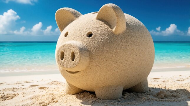 Sand piggy bank sits on beach near ocean. Concept for saving money for vacation, holiday planning and travel budget. Finance goal, personal savings and summer trip.
