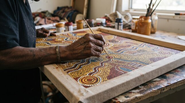 Indigenous Australian artist painting traditional dot art on canvas