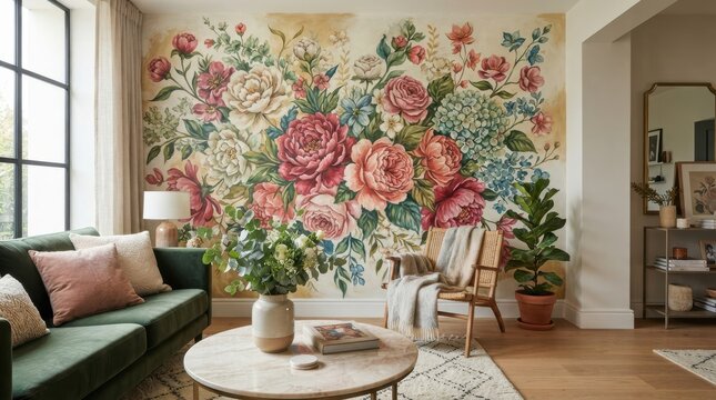 Living room interior with large floral wall mural and green sofa