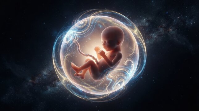 Human fetus developing inside glowing protective sphere in space