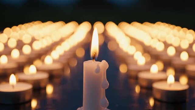 Hand lights a white candle among many others in a dimly lit memorial setting lighting candles flames vigil