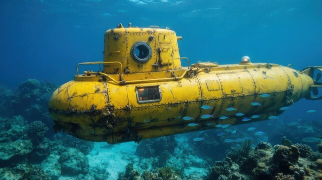 Yellow submarine underwater in the ocean near coral reef