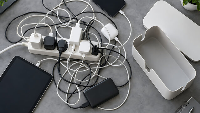 Tangled Charging Cables And Power Strip Clutter On Desk
