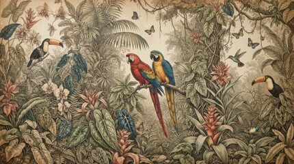 Fototapeta premium Vintage tropical jungle mural wallpaper with exotic birds and lush foliage