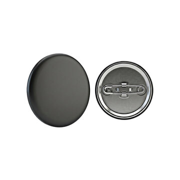 Front and back view of a blank round black pin button badge isolated on white background