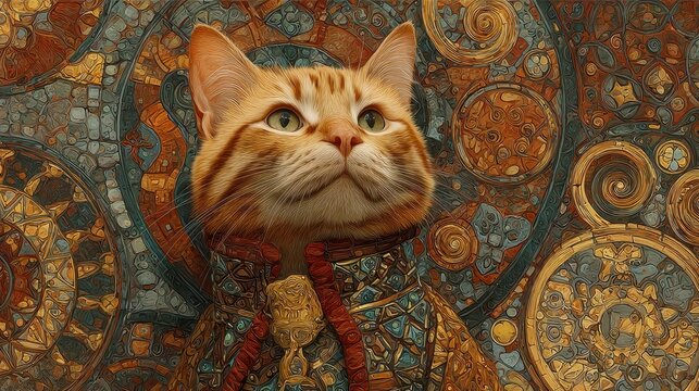 Regal cat in ornate, colorful mosaic art style.