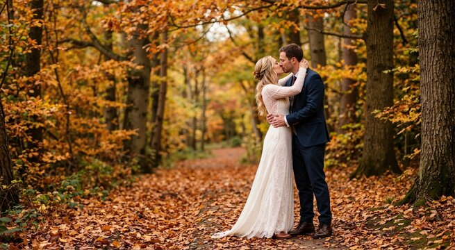Bride and groom kissing on a forest path covered in fallen leaves. Romantic couple embracing in an autumn woodland setting. Fall wedding photography