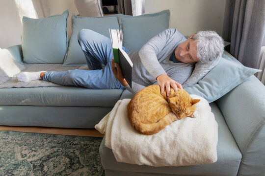 Senior man read book and pet cat on sofa