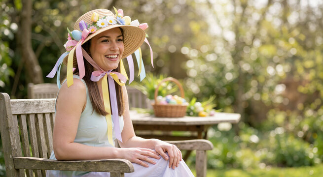 Smiling young woman wearing a straw Easter bonnet decorated with flowers and pastel ribbons. Spring holiday celebration in a sunny garden