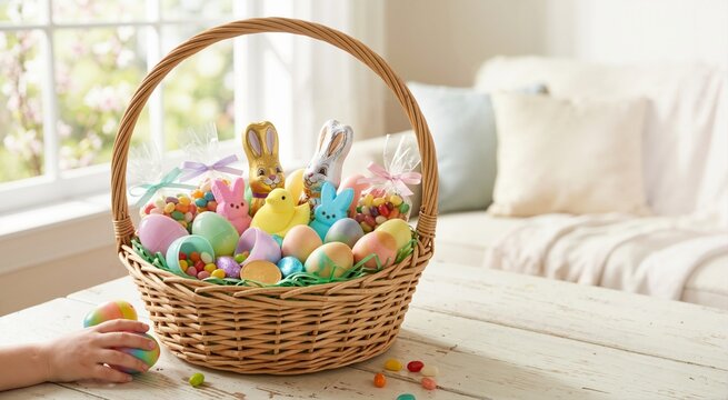 Wicker Easter basket filled with pastel eggs chocolate bunnies and candy on a white table. Child hand reaching for a colorful egg