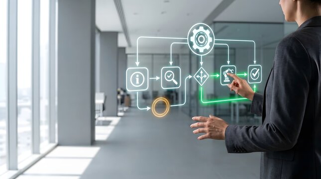 Business professional using digital transformation technology to manage complex corporate workflow process automation