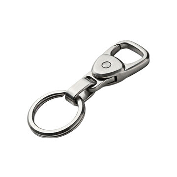 A shiny silver metal lobster clasp with a round keyring isolated on a plain white background
