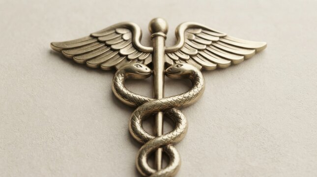 Metallic caduceus symbol representing medicine and healthcare