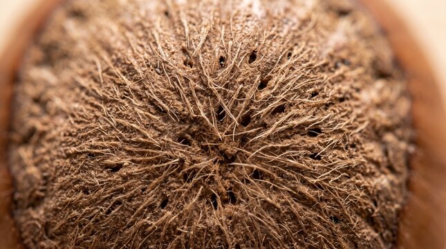Detailed close up macro view of fibrous coconut shell surface showing intricate organic textures and warm brown natural woody colors