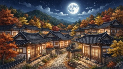 Fototapeta premium Traditional Korean Village with Hanok Houses under Full Moon at Night