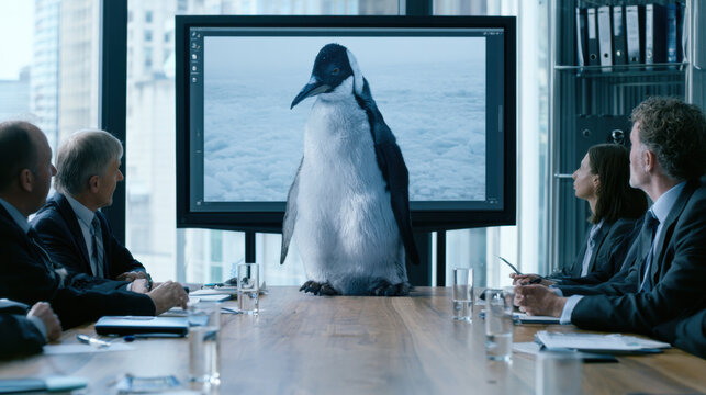 Group of six people sit around a wooden table in a modern office. A giant penguin appears on a screen in front of them. They seem focused on the presentation