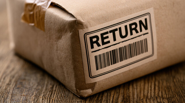 A brown cardboard package is placed on a wooden table. The package has a label that reads return along with a barcode. It suggests the process of returning an item