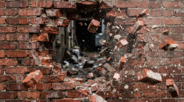 Exploding brick wall with flying debris