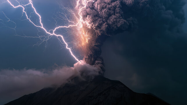 A volcano erupts at night, sending ash and smoke into the sky. Lightning strikes around the eruption, creating a vivid scene. The event showcases the force of nature