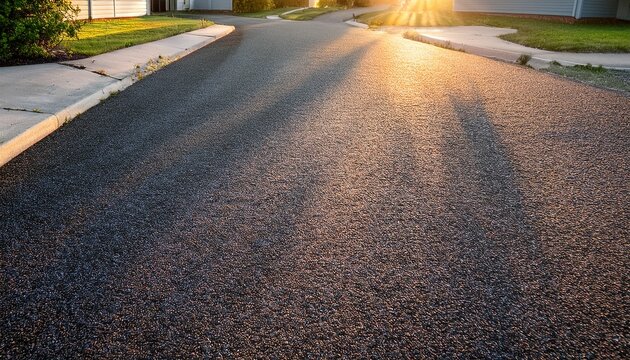 dark asphalt driveway with fresh sealcoat glistens in sunlight well maintained residential shine