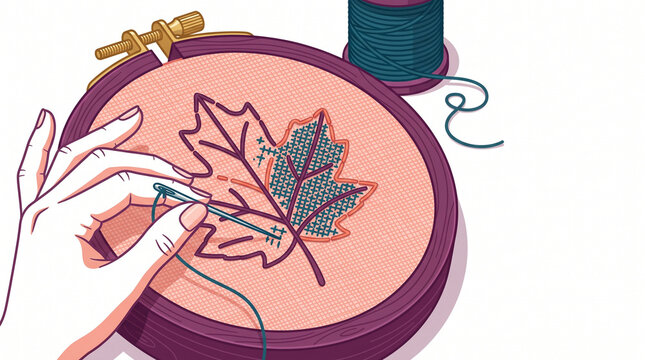 Hand embroidering a leaf design on a hoop with colored thread  