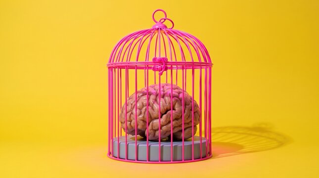 A realistic anatomical human brain model sits trapped inside a bright pink metal birdcage against a solid yellow background representing a conceptual metaphor for mental confinement or trapped.