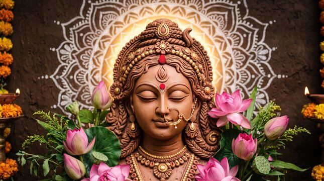 Clay idol of goddess durga adorned with pink lotus flowers and marigold garlands, set against a traditional mandala backdrop with warm lighting for festive worship