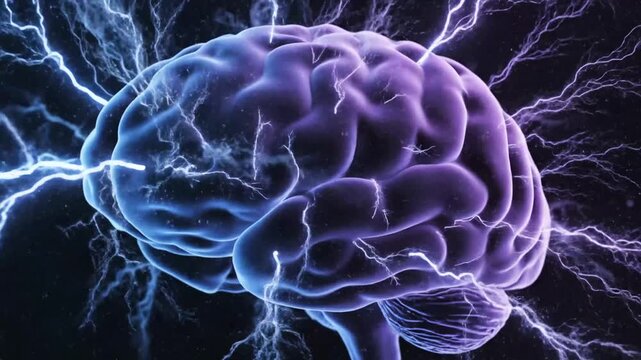 Glowing blue human brain with electric impulses