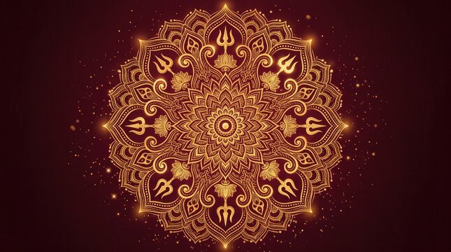 Golden mandala art with trishul symbols on a dark maroon background, intricate spiritual pattern with glowing particles, divine hindu religious design for meditation and festive decor
