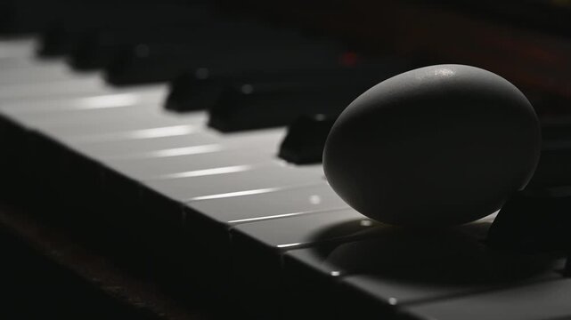 White Egg on Piano Keys with Changing Light and Shadows