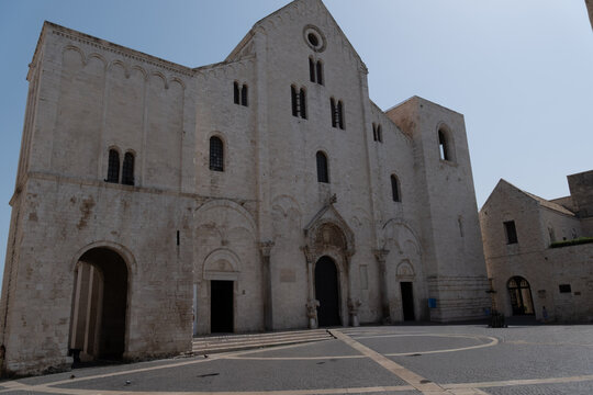Facade of the celebrated Basilica of Saint Nicholas in the historic center of Bari, Puglia. An important pilgrimage site and an example of Apulian Romanesque architecture.